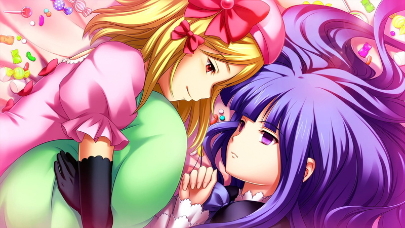 dress, indoors, anime, smiling, red eyes, full frame, representation, hair ornament, multi colored, violet eyes, no people, high angle view, anime girls