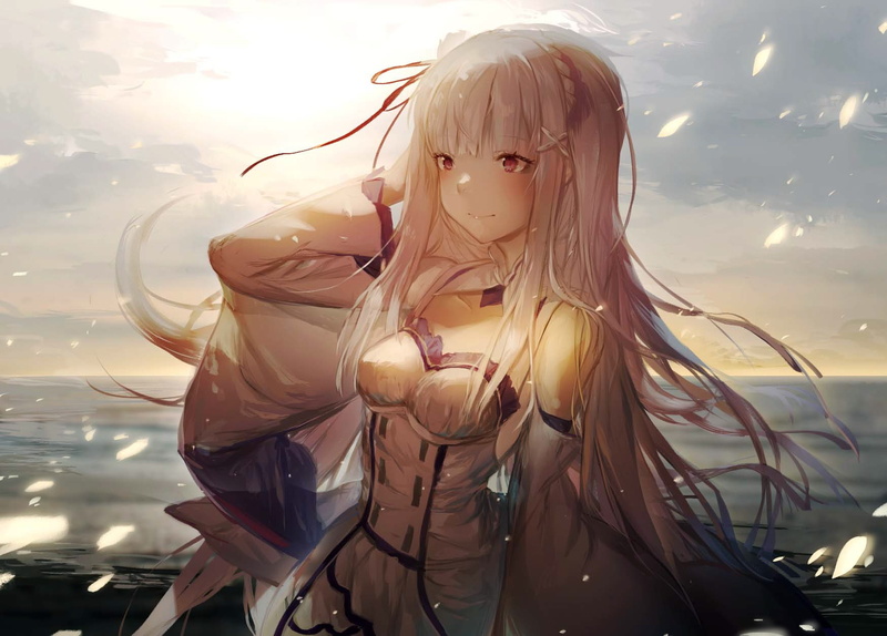 Re:Zero Kara Hajimeru Isekai Seikatsu, anime girls, sea, violet eyes, white hair, 720P, Emilia (Re: Zero), gray hair, red eyes, cleavage, anime, long hair