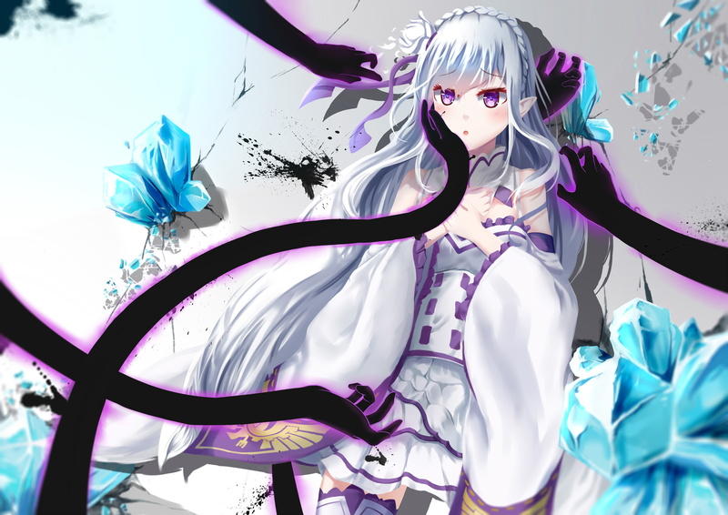 white background, Re:Zero Kara Hajimeru Isekai Seikatsu, cleavage, pointed ears, 2K, violet eyes, white hair, hands, white dress, Emilia (Re: Zero)