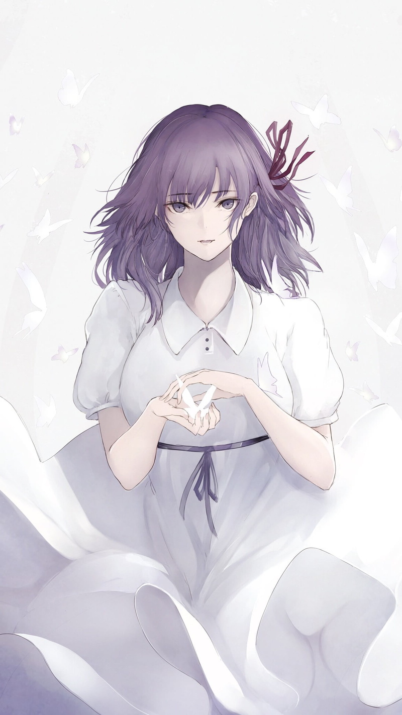 Fate Series, purple hair, violet eyes, red ribbon, Sakura Matou, long hair, white dress, anime, Fate/Stay Night, anime girls, 1080P, simple background