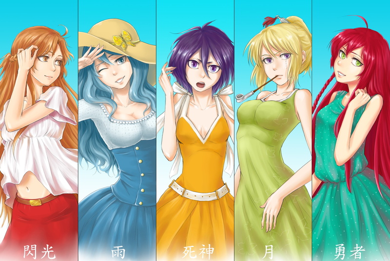 tsukuyo, dress, people, young women, beauty, hataraku maou-sama!, five, beautiful woman, female likeness, girls, anime, young adult, collage, 2K, wig