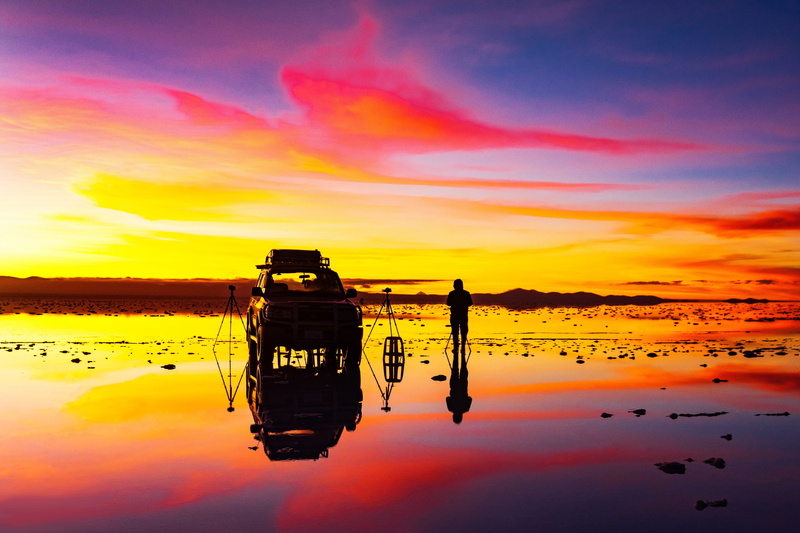 milk teeth, dramatic sky, reflection, silhouette, orange color, tranquility, nature, scenics - nature, romantic sky, bolibia, sunset, bolivia, people, no people