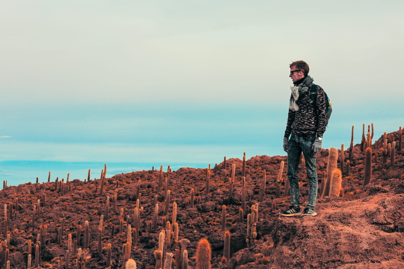 one person, mountains, nature, beauty in nature, front view, saltdesert, full length, warm clothing, real people, bluesky, cactus, landscape, standing