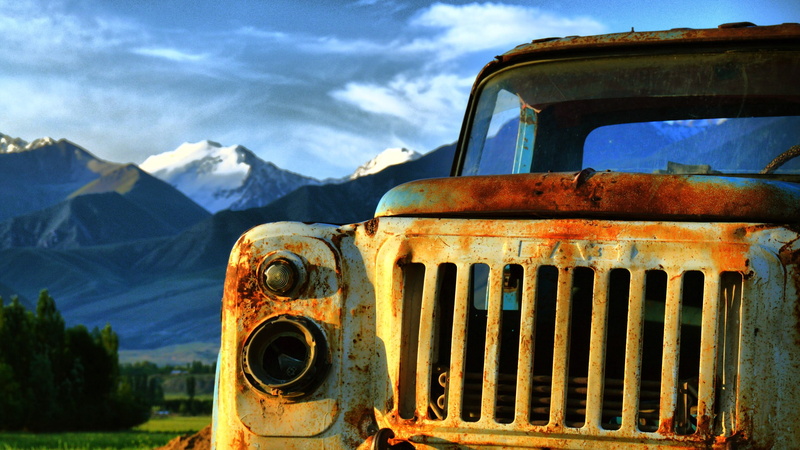 nature, ruined, bad condition, damaged, transportation, mode of transportation, decline, trucks, land vehicle, obsolete, GAZ, old, Kyrgyzstan, rusty, black