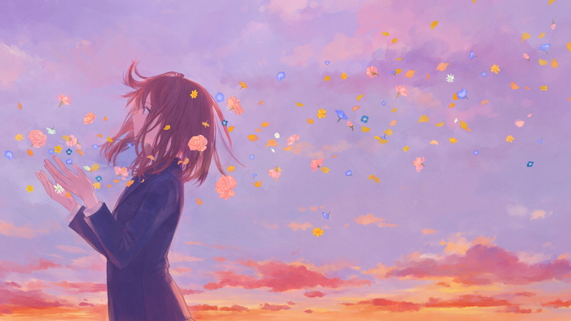 emotion, digital, anime, flowers, contemplation, freedom, hair, celebration, hairstyle, portrait, positive emotion, cloud - sky, long hair, digital composite