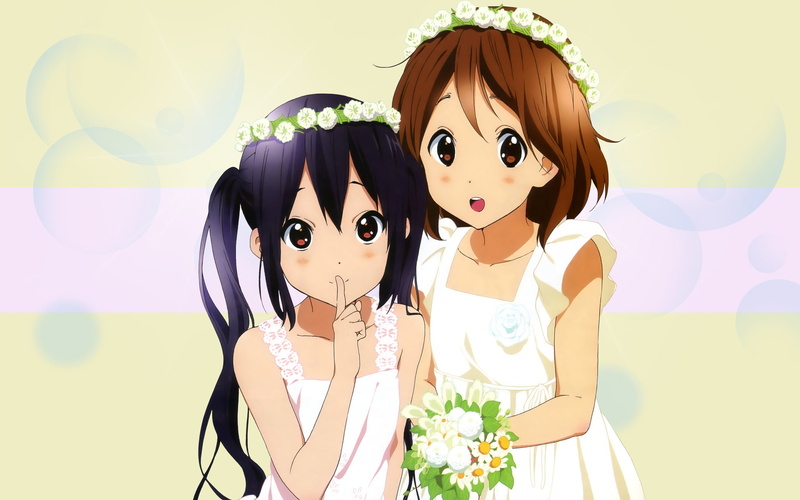 flowers, event, front view, anime, anime girls, Hirasawa Yui, innocence, celebration, bonding, smiling, portrait, white, K-ON!, child, wearing, real people