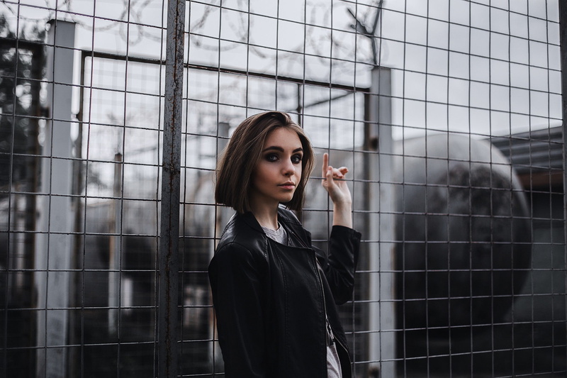 fence, s, zip, portrait, jacket, 1080P, leather, black, cool, women, model