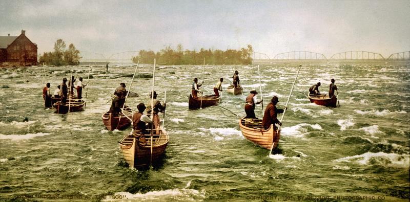 group of people, outdoors, large group of people, marie, water, public domain, sault, architecture, transportation, photos, canoes, history, occupation