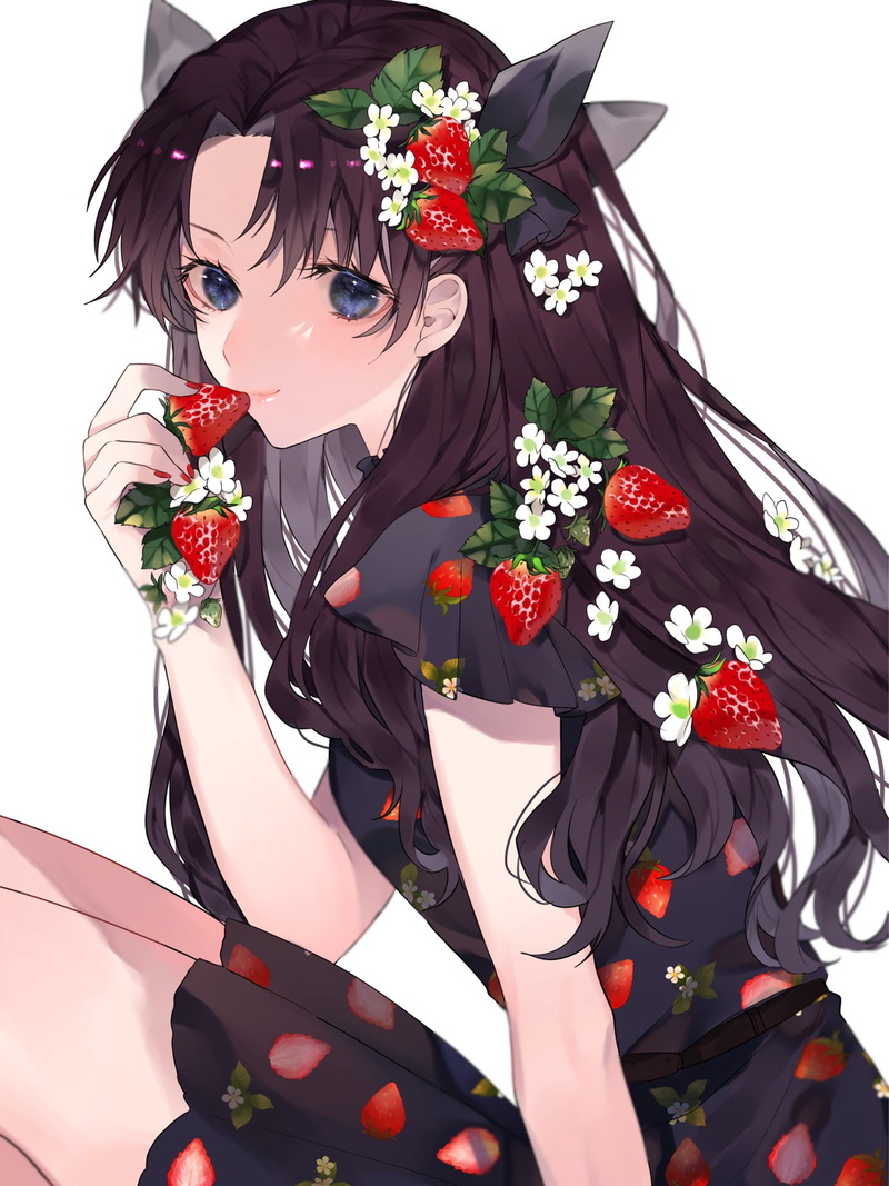 side view, small boobs, strawberries, fan art, Fate/Stay Night, long hair, 1080P, white flowers, Tohsaka Rin, artwork, vertical, sun dress, anime girls eating