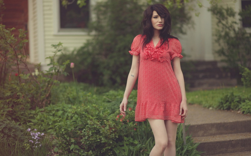 1080P, dress, orange, outdoors, women, brunette, mini, tattoo, s