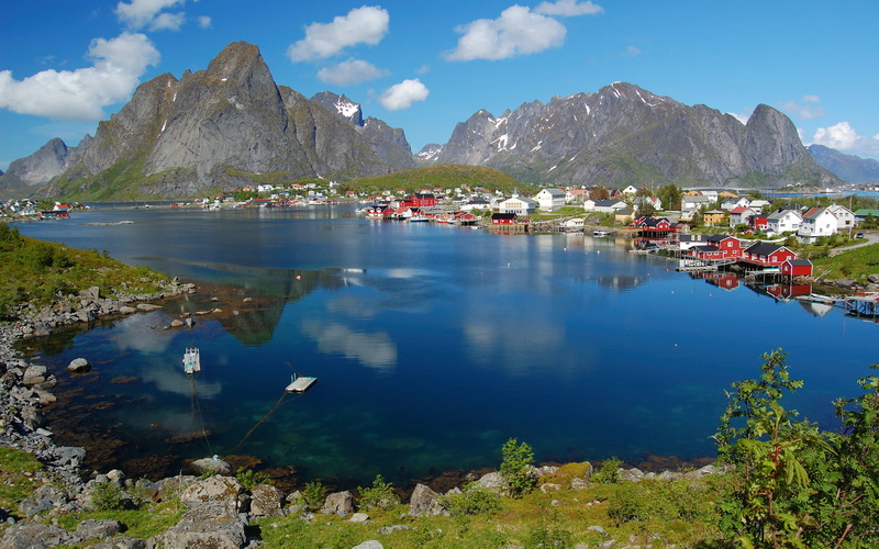 mountains, norway, reine, mountain range, tranquil scene, cloud - sky, Cityscapes, lake, day, no people, aerial, transportation, lofoten, water, near, idyllic
