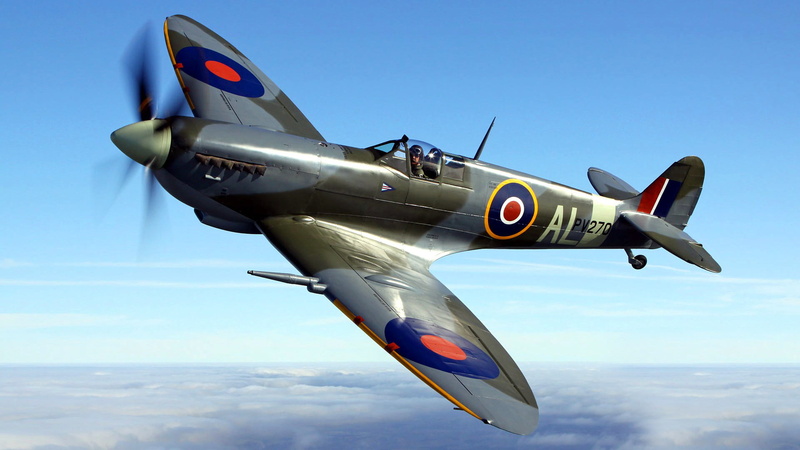 sky, gray, speed, flight, outdoors, blue, Spitfire, technology, day, air, mode of transportation, mode of Transport, propeller, army, fighter Plane, side view