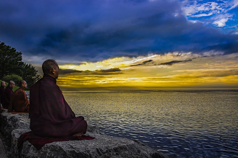 meditation, dusk, religion, adult, beauty in nature, sunset, tranquility, evening, one person, belief, contemplation, cloud - sky, lake, tranquil scene