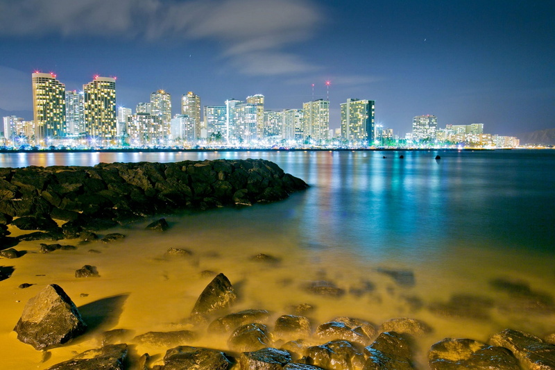 night city, 1080P, Honolulu, stones, Hawaii, Bay