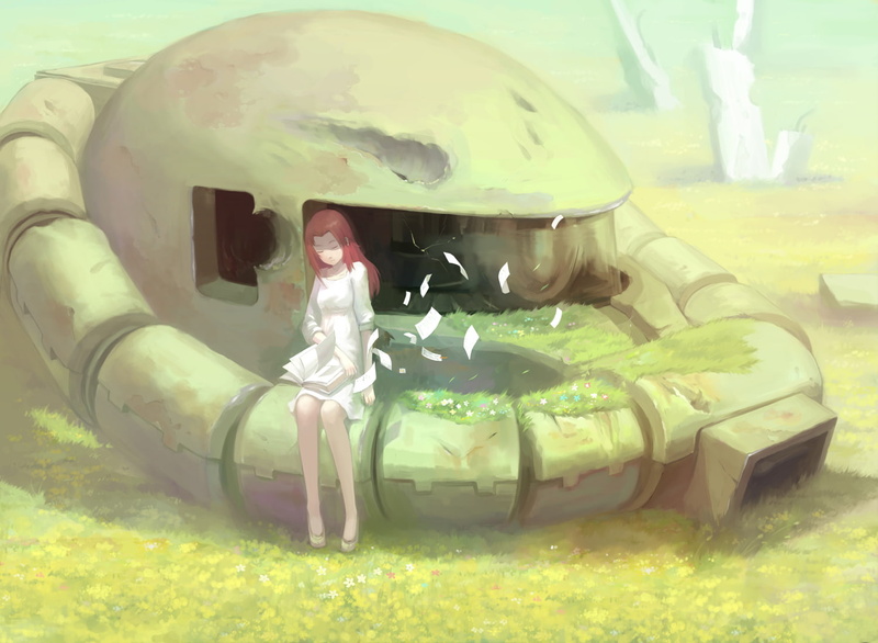 flowers, tong, suit, mecha, mobile, book, scenic, grass, christina, zaku, gundam, 720P, mackenzie