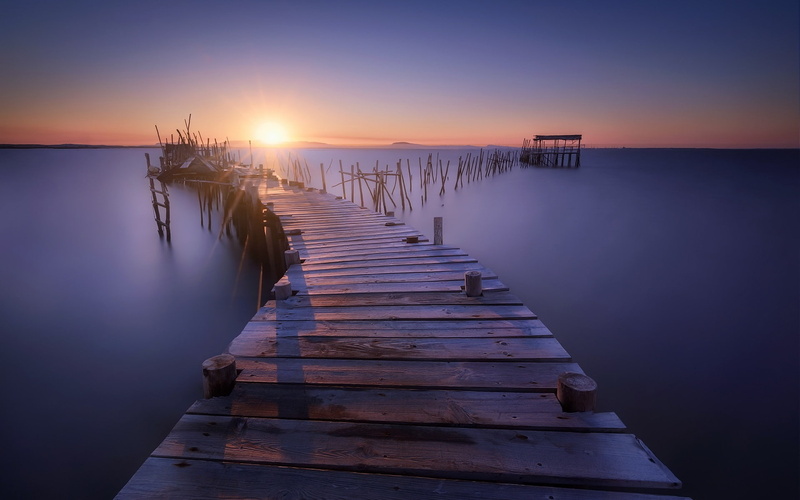 Sunset, Dusk, 1080P, Bridge, Sea, Pier, Wood, Stump