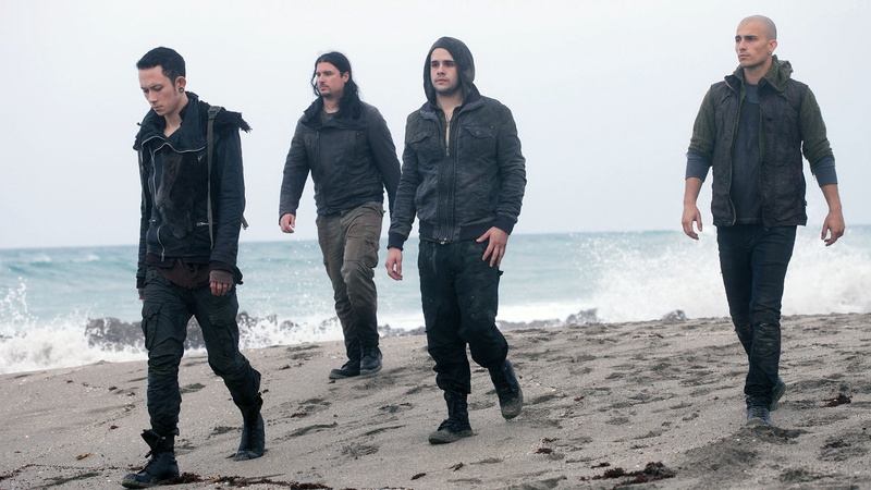 males, aggression, standing, nature, coast, front view, people, jacket, s, full length, group of people, 1080P, trivium, water, waves, men, uniform, beach