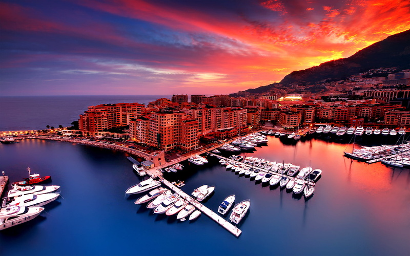 monaco, boats, harbor, 1080P, hd, cityscape, buildings, ocean, yacht, sunset