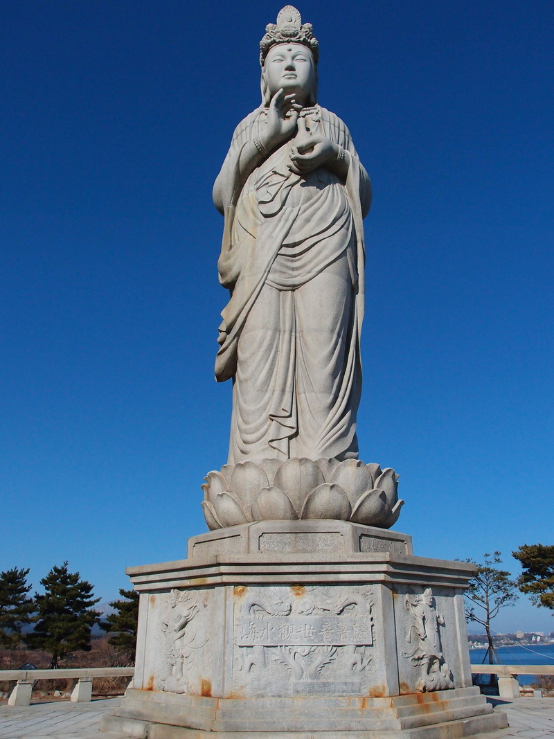 sculpture, creativity, sokcho, art and craft, blue, low angle view, nature, 2K, male likeness, monument, religion, seawater kannon, travel destinations
