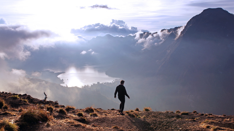 non-urban scene, scenics - nature, volcano, camping, lake, nature, mountain peak, 4K, hike, trees, full length, lombok, forest, one person, real people