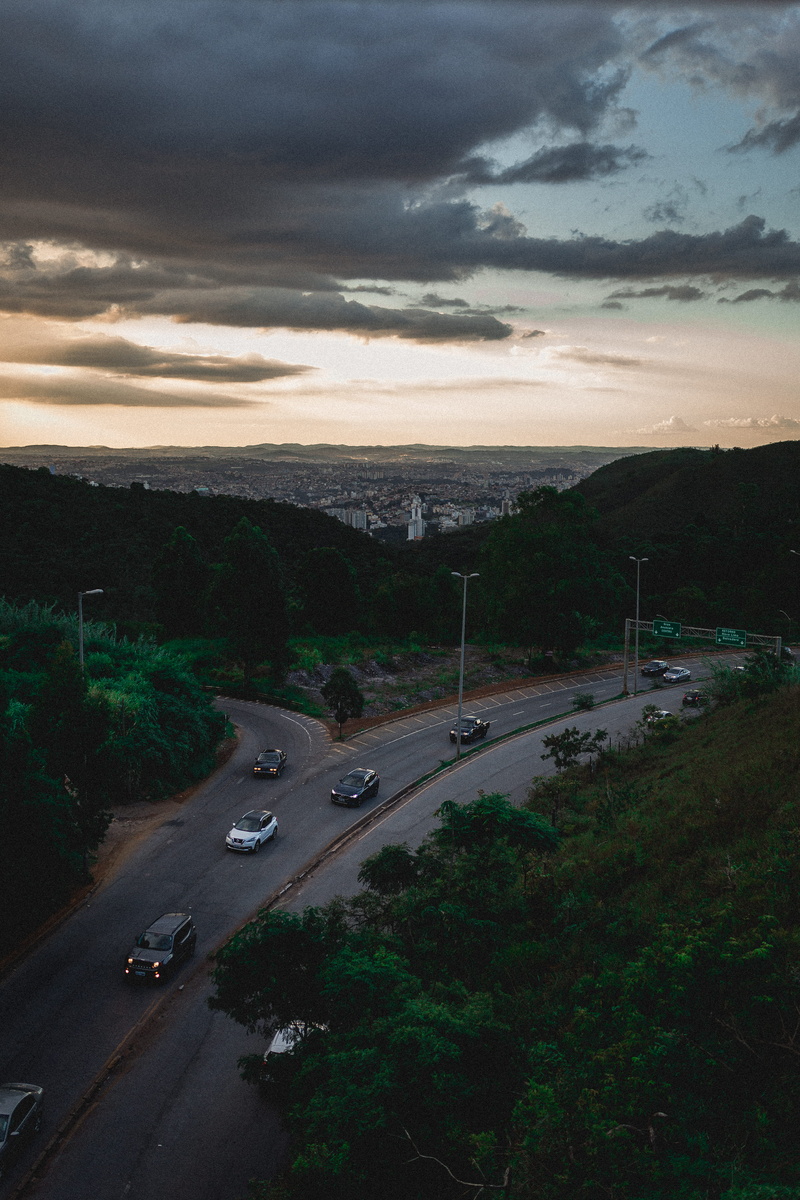 dusk, cloud - sky, outdoors, mode of transportation, 5K, motor vehicle, trees, sunset, evening, transportation system, sky, city, overcast, pavement, asphalt