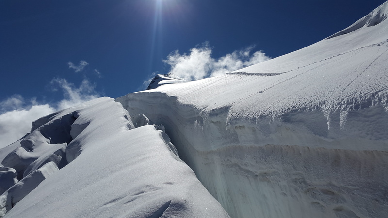 field, landscape, snow, crevasse, travel, white color, bright, cold temperature, tranquility, sunlight, blue, outdoors, sky, no people, snowcapped mountain