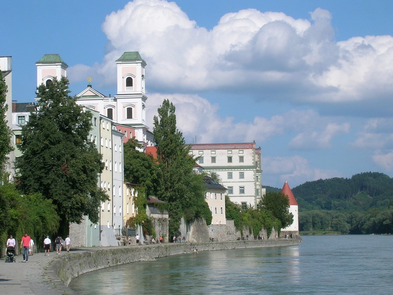 outdoors, beside, day, passau, nature, buildings, cloud - sky, headland, built structure, tower, water, building exterior, sky, building, danube, incidental people