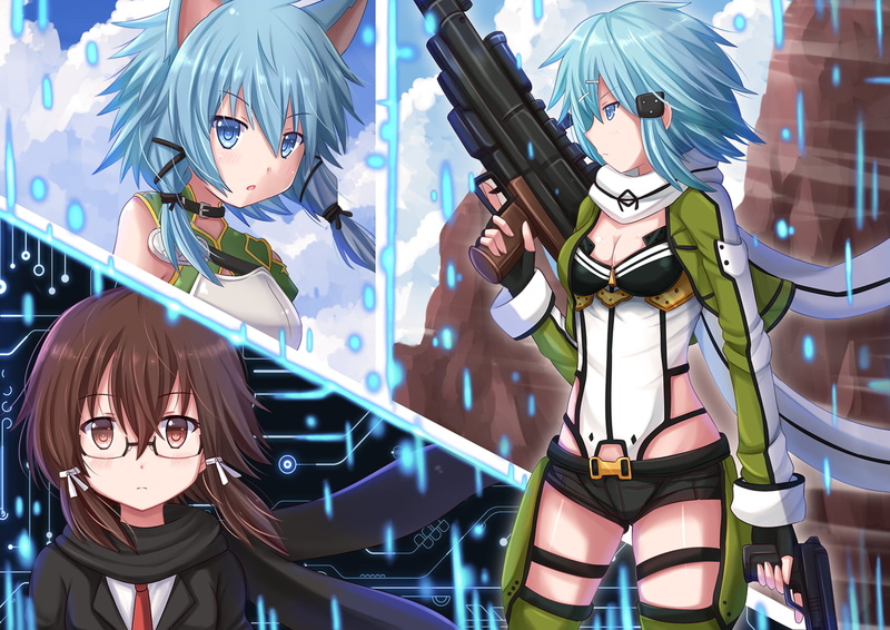 anime, sniper rifle, human representation, multi colored, Sword Art Online, disguise, Asada Shino, short hair, creativity, blue hair, amusement park, weapon