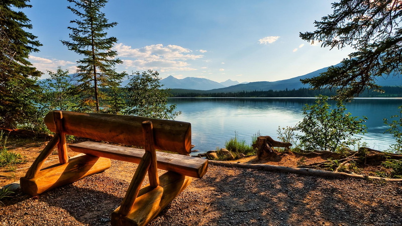 water, summer, lake, landscape, 1080P, bench, cloud, brown, lakeside, wooden