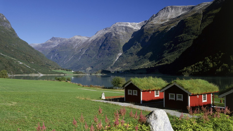 homes, mountains, lake, 1080P, nature and landscapes, oldenvatnet, grass, lakeside, norway
