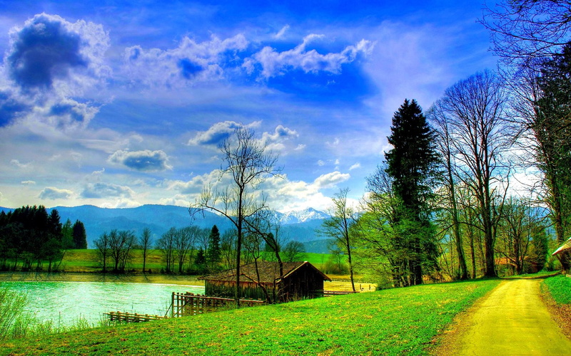 road, lakeside, trees, mountains, landscape, cabin, 1080P, clouds