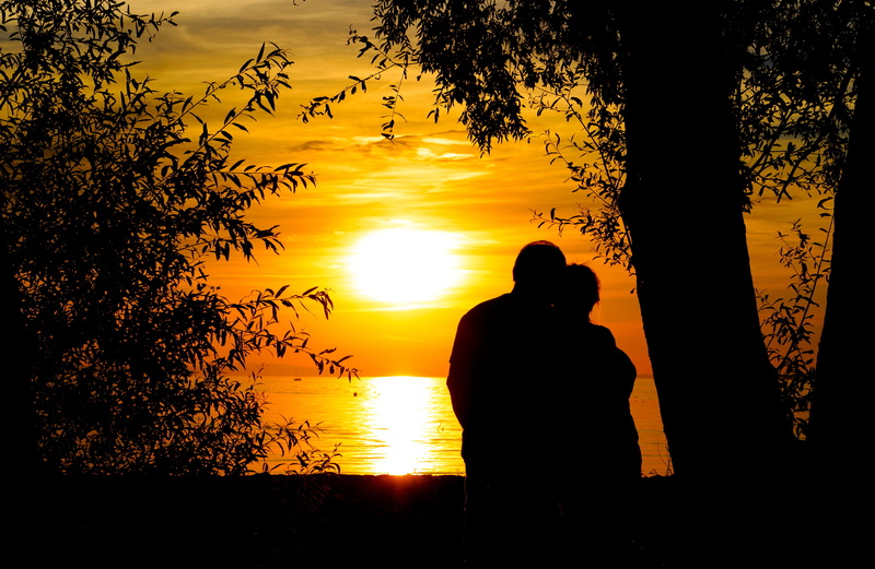 lakeside, tree, tranquility, abendstimmung, lovers, couple - relationship, sky, sunset, sunlight, water, togetherness, nature, lifestyles, beauty in nature