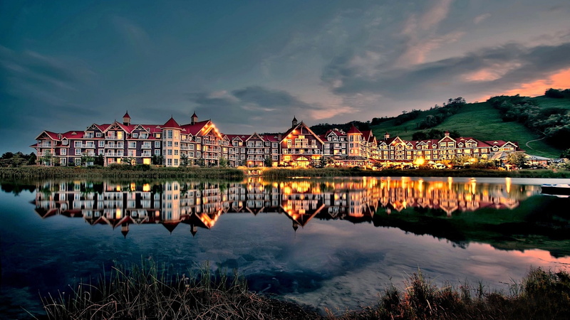 Water, Reflection, Dusk, 1080P, Evening, Lights, Lakeside, Houses