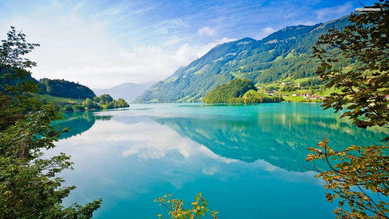 nature and landscapes, lakeside, 1080P, village, mountain, lake, clouds