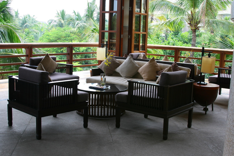 architecture, seat, tree, the hotel, no people, day, window, nature, black, chair, wooden, potted plant, veranda, Hainan island, building, built structure