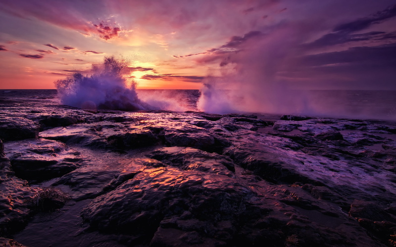 sunset, purple, 2K, superior, rocks, water, waves