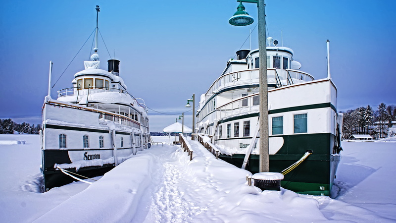 two, nature, white, post, travel, luxury, ships, transportation, water, near, snow, outdoors, cold, building exterior, holiday, environment, canada, architecture