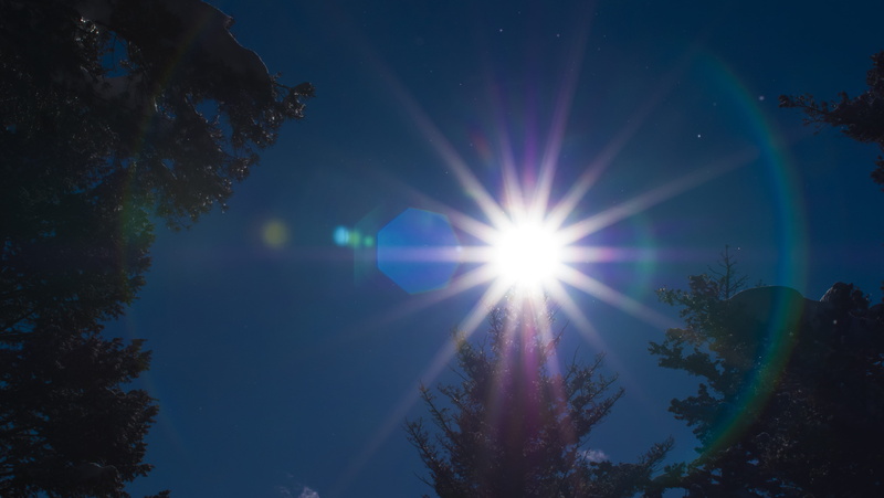 winter, sunlight, moonlight, lens flare, tranquil scene, outdoors, sky, sunbeam, tranquility, low angle view, blue sky, bright, tree, montana, sun light