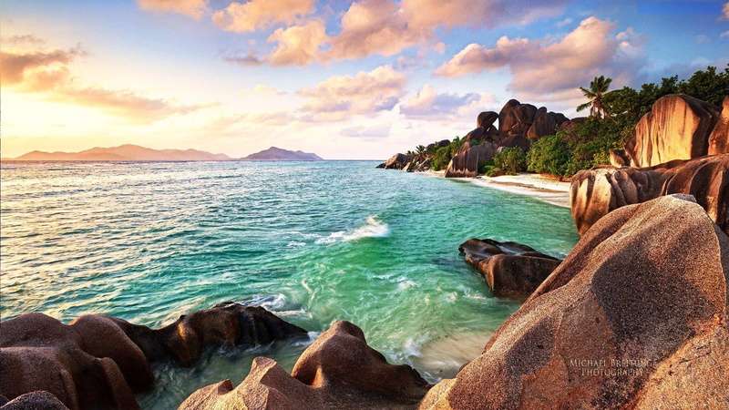 beach, seychelles, water, indian-ocean, 1080P, rocks, clouds
