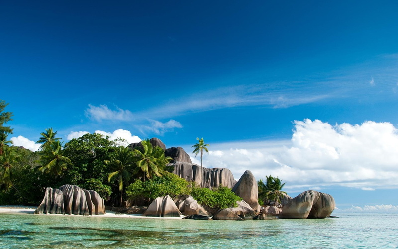 1080P, ocean, island, islands, nature and landscapes, grey, tropics, stone, formation, seychelles, trees, green, beach, isls, seychells