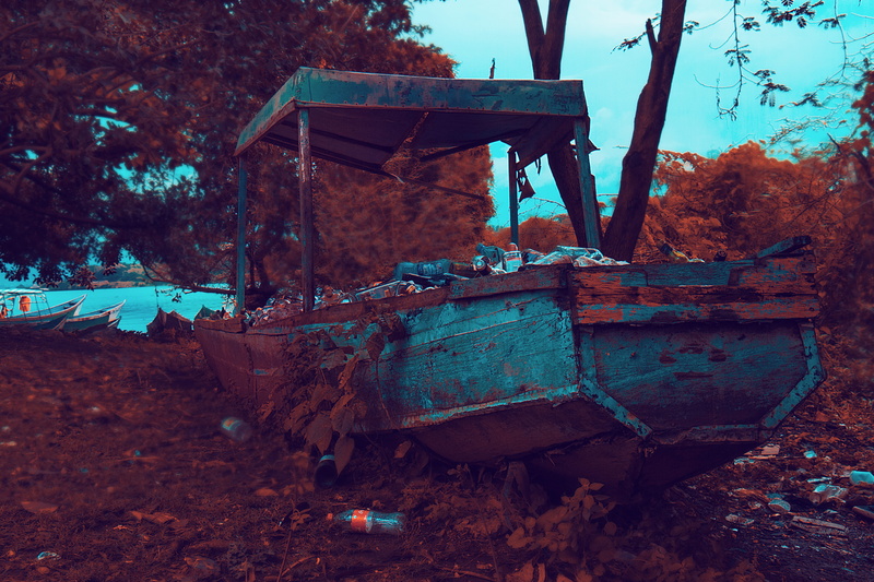 ruined, watercraft, no people, trash, gray, rusty, trees, outdoors, body, calamity, damaged, wreckage, nature, dirt, environment, boat, deterioration, obsolete