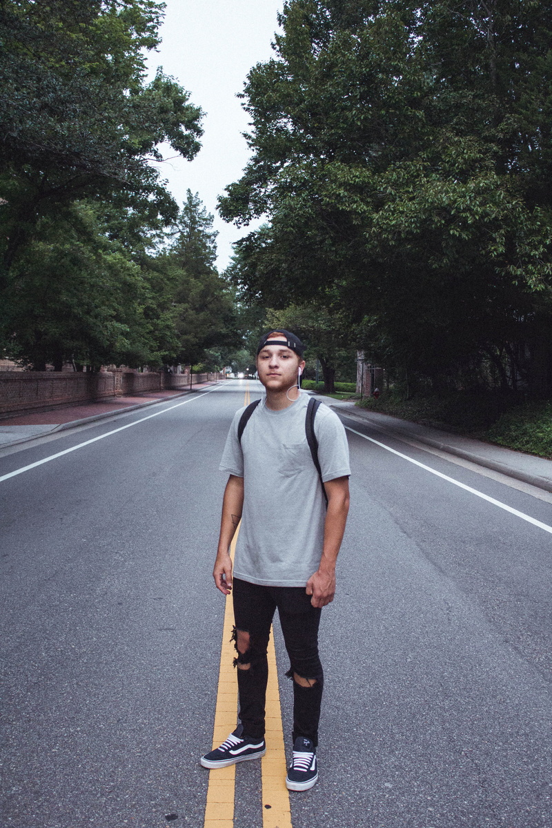 glasses, one person, day, outdoors, street, 5K, man, daylight, full length, middle, road, casual clothing, tree, looking at camera, asphalt, real people