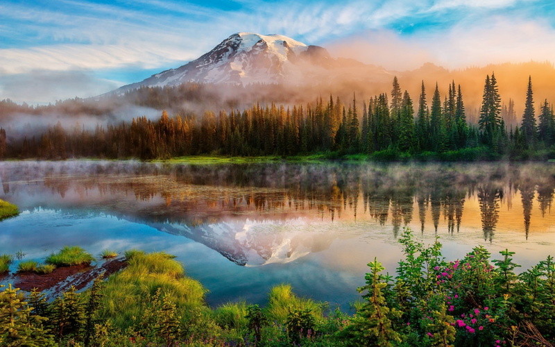 mount, lake, Mount Rainier, landscape, rainier, mountains, 1080P