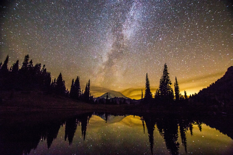 Mountains, Milky Way, Nature, Starry Sky, Reflection, 1080P, Mount Rainier, Washington, Lake, Stars, Night