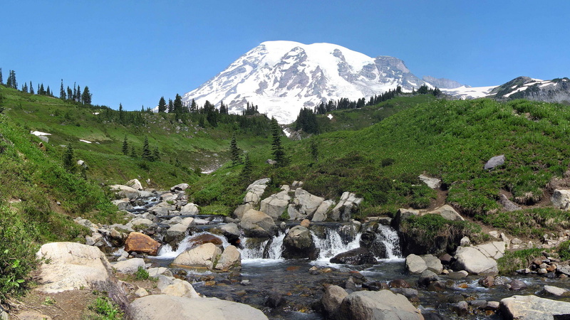 tranquility, blue, flowing, valley, tourism, usa, plant, tranquil scene, snowcapped mountain, mountain Range, scenics, washington, field, scenics - nature