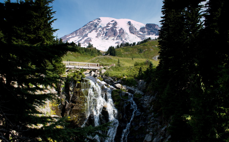 5K, built structure, snow, Waterfall, Rainier, scenics - nature, land, Mountain, environment, non-urban scene, plant, tree, outdoors, water, mt, beauty in nature