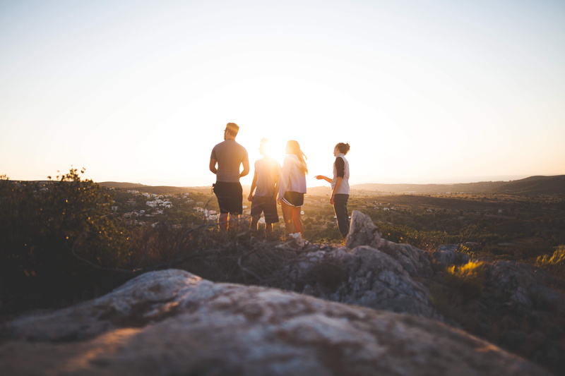 lifestyles, sunset, two, group of people, field, sky, friends, young women, near, adult, lens flare, grass, leisure activity, four, 5K, sunrise, men, adults only