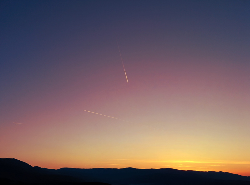 airplane, orange color, tranquil scene, silhouette, horizon, mode of transportation, idyllic, cloud - sky, hour, no people, flying, tranquility, sky, outdoors