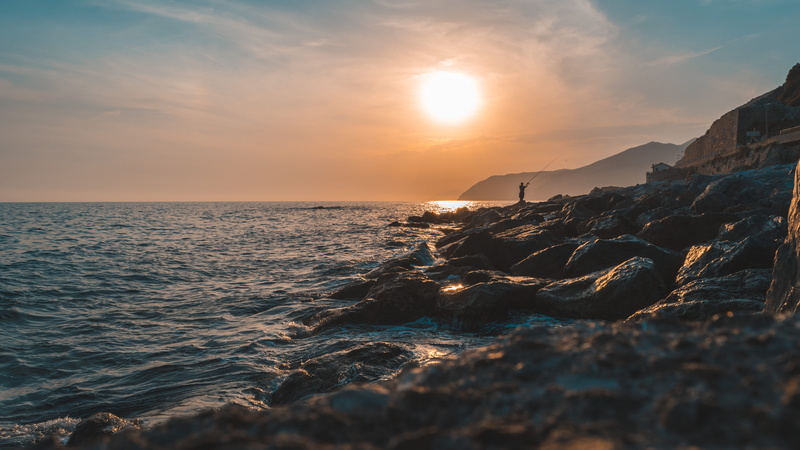 scenics - nature, sun, blue, skyporn, horizon over water, scenic, beach, coast, no people, facing, rock - object, fisherman, person, photo, sunrise, sea