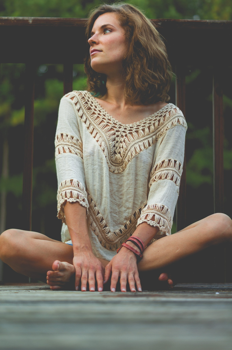 yoga, leaning, adult, bench, outdoors, front view, 4K, contemplation, pose, leisure activity, beautiful woman, wood, handrails, looking away, outdoor